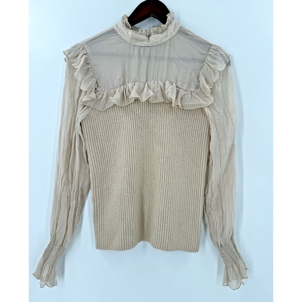 Downeast Women's Mixed Fabric Camel Some Sheer Ruffles Sweater Size SMALL